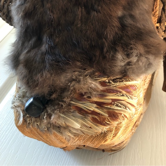 Folk Art Hanging BULL BASKET/PLANTER Made From Wood Wicker Bark Fiber Feathers & - Picture 3 of 16